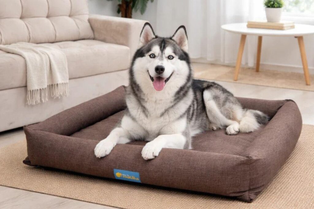 Um cachorro da raça Husky Siberiano cinza e branco deitado de forma confortável e sorridente em cima de uma caminha retangular marrom grande no chão de uma sala de estar.