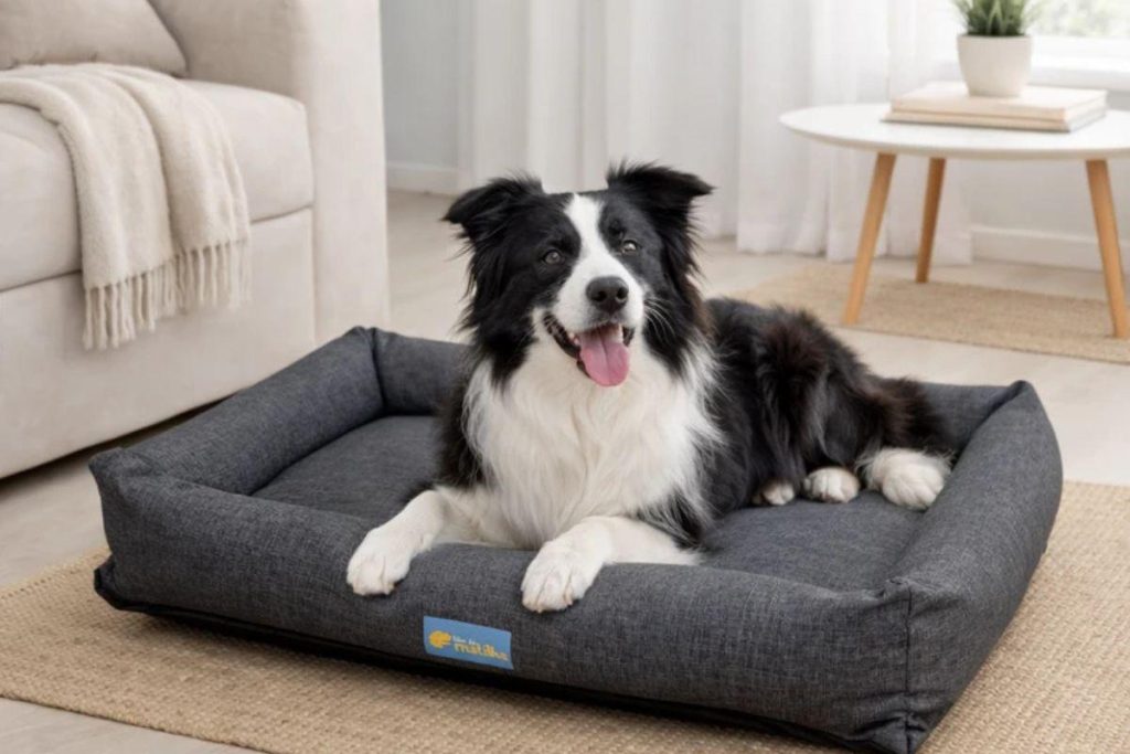 Border collie preto e branco deitado em uma cama cinza para cachorro no chão da sala.