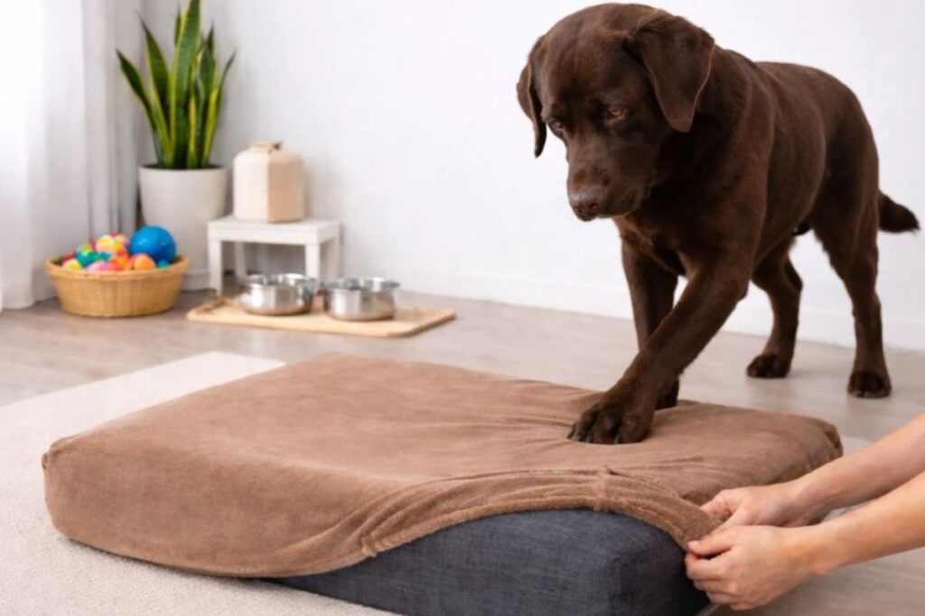 Cão da raça Labrador de pelagem chocolate em pé observando uma pessoa ajustar uma capa marrom sobre uma almofada cinza estruturada, em uma sala iluminada.