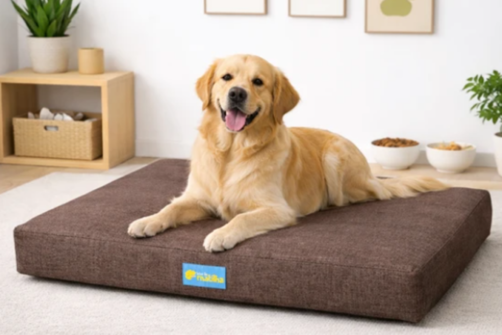 Cão da raça Golden Retriever deitado e sorridente sobre uma grande cama retangular marrom-escura, em uma sala de estar clara e decorada.