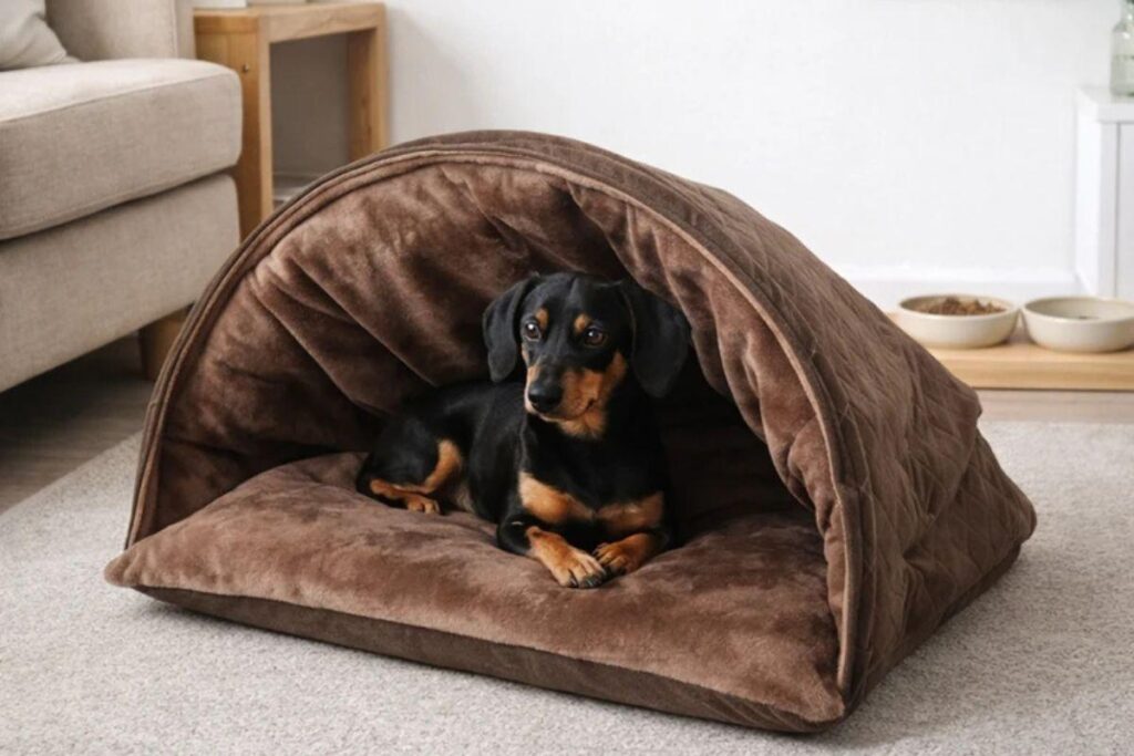 Um cachorro pequeno da raça Dachshund preto e canela deitado dentro de uma caminha marrom em formato de toca ou iglu de pelúcia, sobre o tapete de uma sala de estar.
