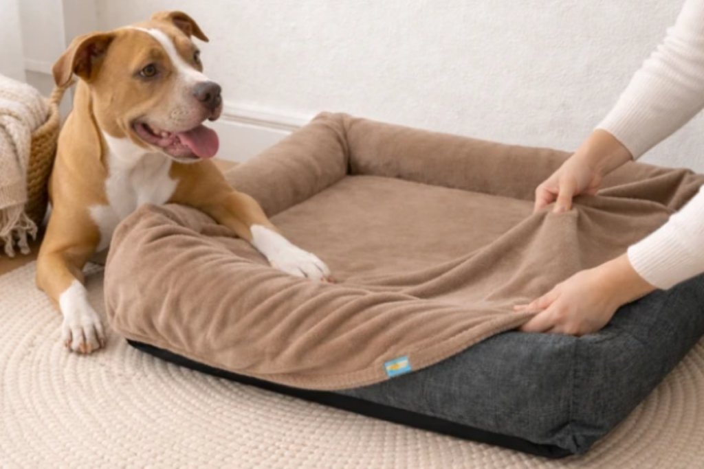 Cão de pelagem caramelo e branca deitado ao lado de uma cama pet retangular cinza, observando uma pessoa cobrir a peça com uma manta de pelúcia marrom.