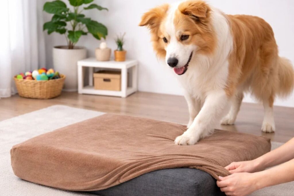 Cão da raça Border Collie em pé observando uma pessoa ajustar uma capa de pelúcia marrom sobre uma almofada cinza estruturada, em uma sala com piso de madeira.