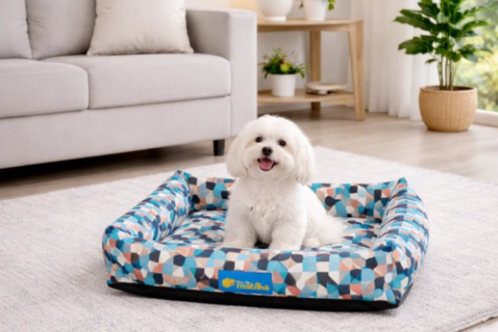 Cão de pequeno porte de pelagem branca e longa deitado e sorridente dentro de uma cama pet com estampa geométrica azul e bordas elevadas, em uma sala de estar com sofá ao fundo.