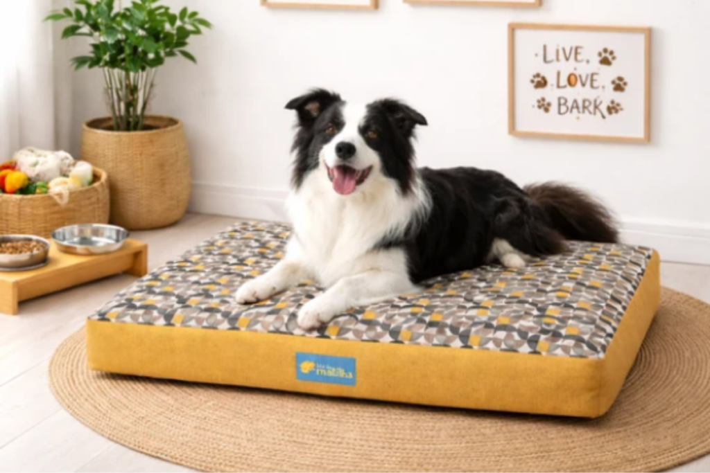 Cão da raça Border Collie de pelagem preta e branca deitado e sorridente sobre uma grande cama retangular com estampa geométrica e laterais amarelas, em uma sala de estar decorada.
