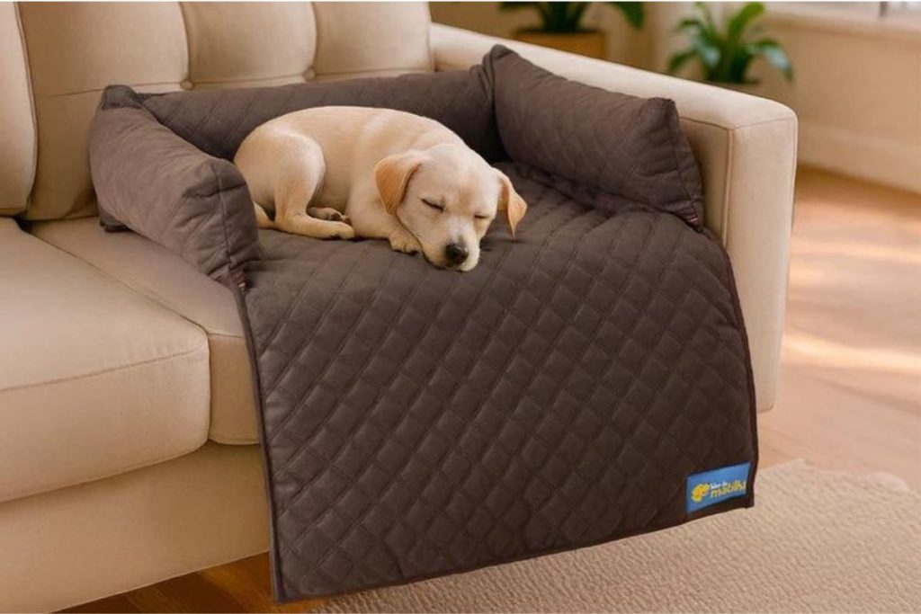 Filhote de cachorro dorme em uma cama acolchoada marrom instalada sobre um sofá bege.