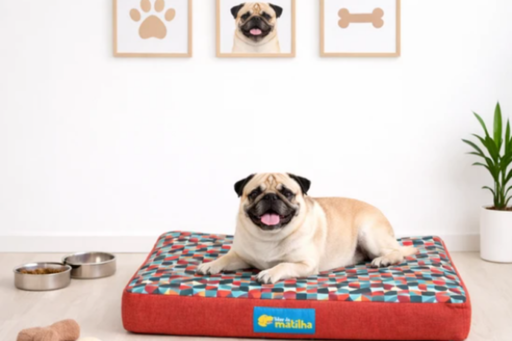 Cão da raça Pug deitado e sorridente no centro de uma grande cama retangular com estampa geométrica colorida e laterais vermelhas, em uma sala com quadros decorativos ao fundo.