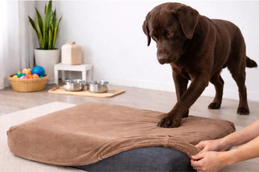 Labrador chocolate pisa em uma cama para cachorro enquanto uma pessoa retira a capa marrom lavável.
